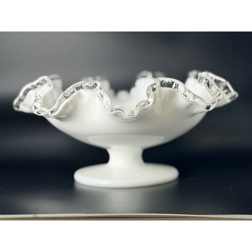 Vintage Fenton Silver Crest Milk Glass Ruffled Edge Pedestal Bowl or Candy Dish